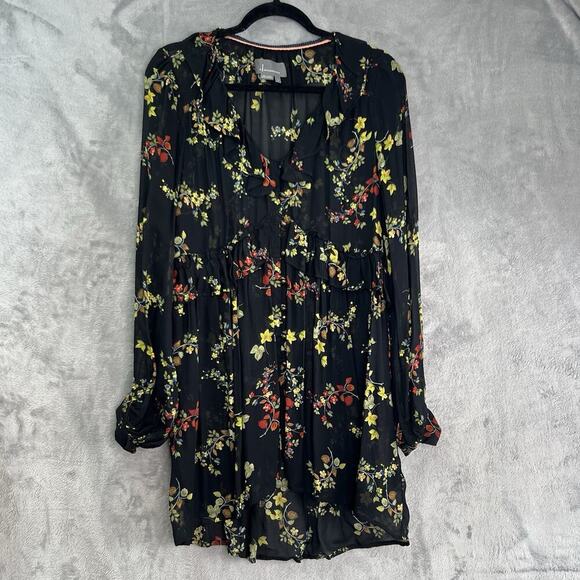 Anthropologie Size S Black Jamison Ruffled Floral Tunic Top Sheer High low - Picture 1 of 16